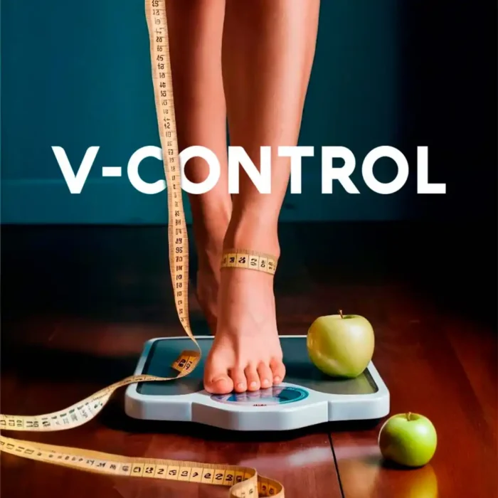 Persona sobre báscula con cinta métrica y manzanas verdes, representando control de peso con V-Control.