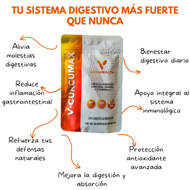 Beneficios del suplemento V-Curcumax de VitalHealth para la salud digestiva e inmunológica.