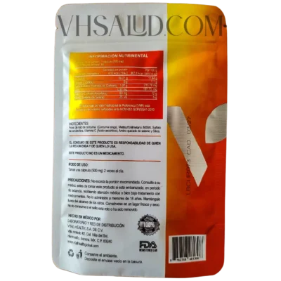 Instrucciones de uso y tabla nutrimental del suplemento V-Curcumax de VitalHealth, con cúrcuma, selenio, MSM y vitamina C.