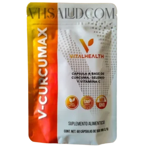 Frente del empaque V-Curcumax VitalHealth con cúrcuma, selenio y vitamina C – suplemento antiinflamatorio natural