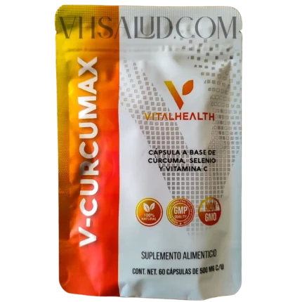 Frente del empaque V-Curcumax VitalHealth con cúrcuma, selenio y vitamina C – suplemento antiinflamatorio natural