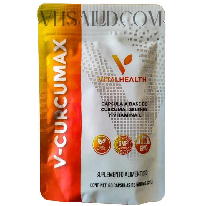 Frente del empaque V-Curcumax VitalHealth con cúrcuma, selenio y vitamina C – suplemento antiinflamatorio natural