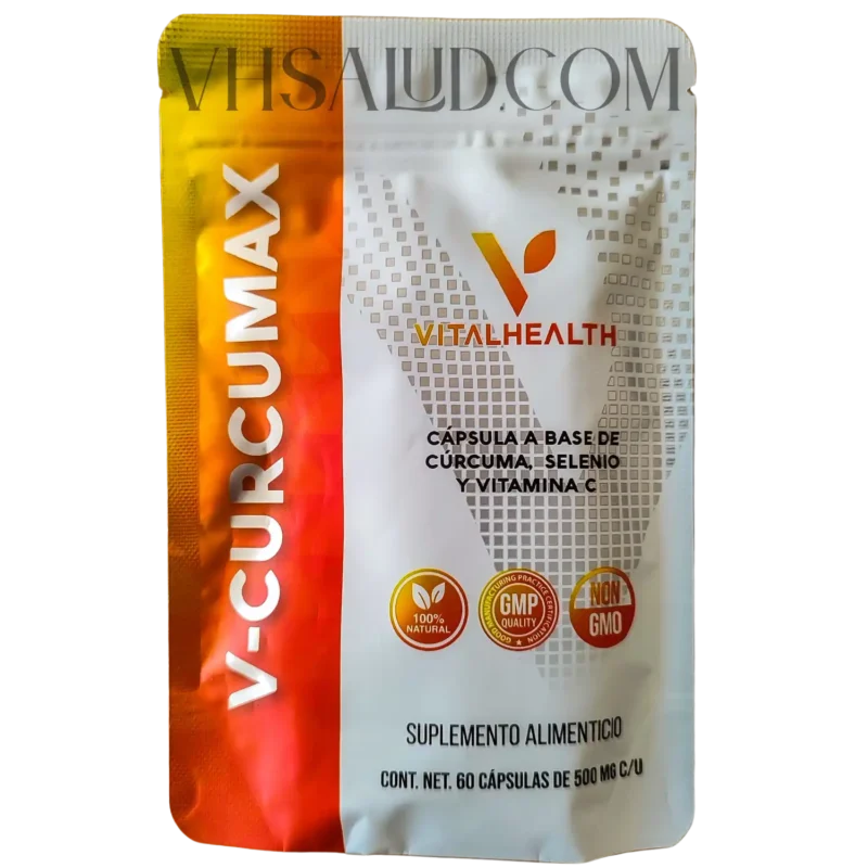 Frente del empaque V-Curcumax VitalHealth con cúrcuma, selenio y vitamina C – suplemento antiinflamatorio natural