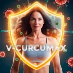 Mujer protegida con escudo brillante representando el efecto inmunológico del suplemento V-Curcumax de VitalHealth.