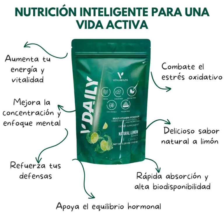 Imagen ilustrativa de los beneficios del suplemento V-Daily de VitalHealth, destacando sus efectos en energía, digestión, concentración y bienestar integral.