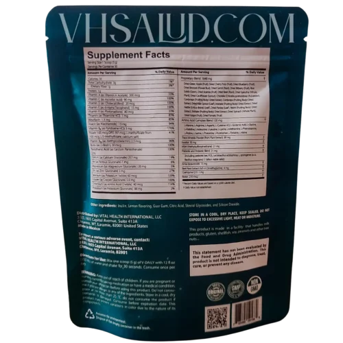 Tabla nutricional y modo de uso del suplemento V-Daily de VitalHealth en su empaque original