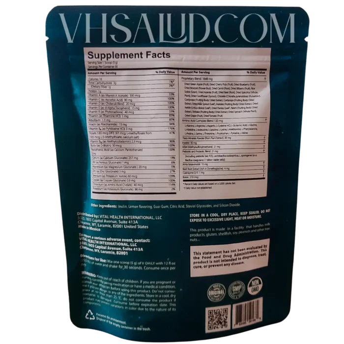 Tabla nutricional y modo de uso del suplemento V-Daily de VitalHealth en su empaque original