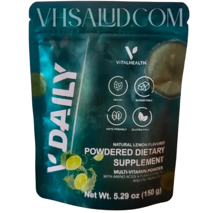 Suplemento multivitamínico V-Daily de VitalHealth en presentación en polvo sabor limón