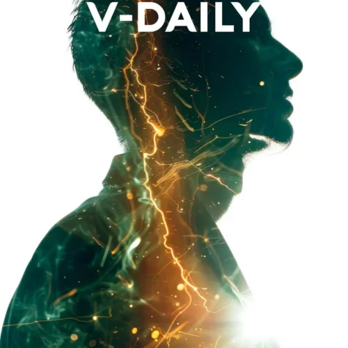 Miniatura del producto V-Daily de VitalHealth mostrando un perfil masculino iluminado con efectos de energía, utilizada para videos explicativos, testimonios y reacciones.