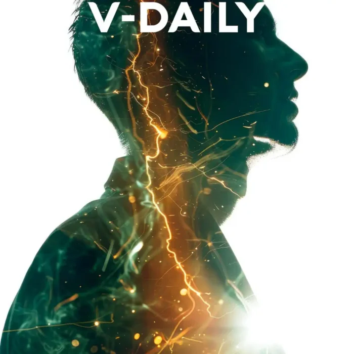 Miniatura del producto V-Daily de VitalHealth mostrando un perfil masculino iluminado con efectos de energía, utilizada para videos explicativos, testimonios y reacciones.