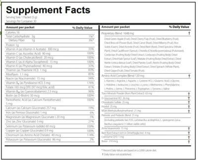Tabla nutrimental del suplemento multivitamínico en polvo V-Daily de VitalHealth.