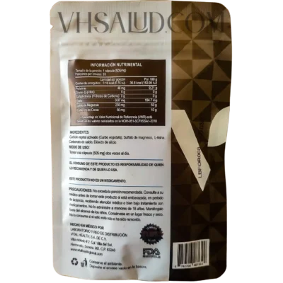 Tabla nutrimental y modo de uso del suplemento V-Fortyflora de VitalHealth con magnesio, calcio y carbón activado