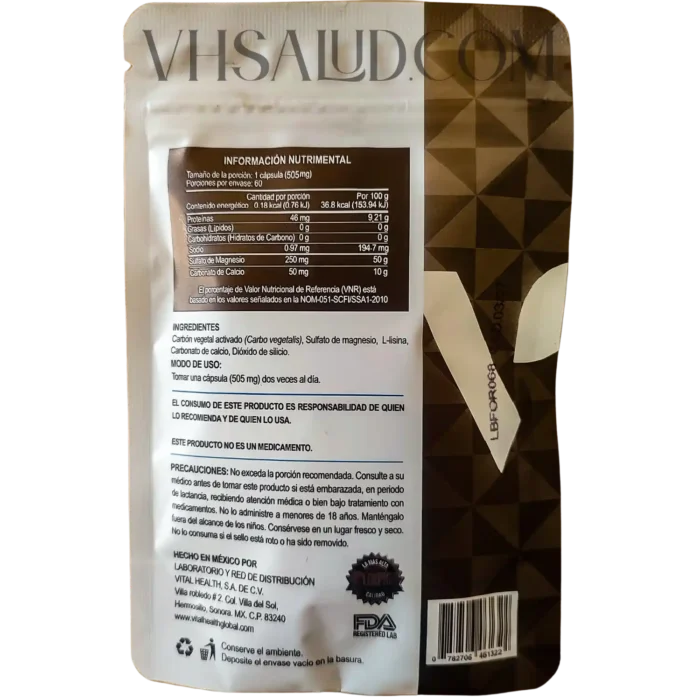 Tabla nutrimental y modo de uso del suplemento V-Fortyflora de VitalHealth con magnesio, calcio y carbón activado