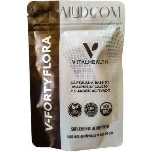 Suplemento V-Fortyflora de VitalHealth con magnesio, calcio y carbón activado para el bienestar digestivo
