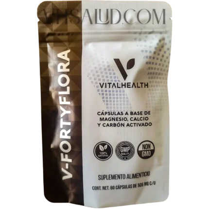 Suplemento V-Fortyflora de VitalHealth con magnesio, calcio y carbón activado para el bienestar digestivo