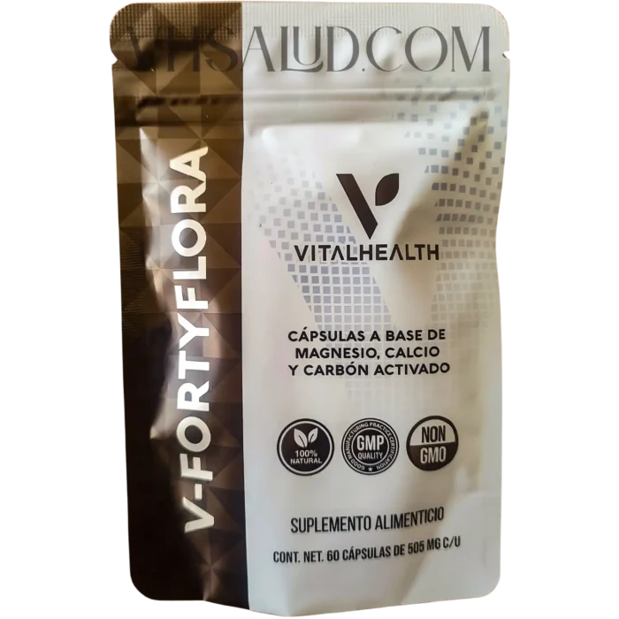 Suplemento V-Fortyflora de VitalHealth con magnesio, calcio y carbón activado para el bienestar digestivo