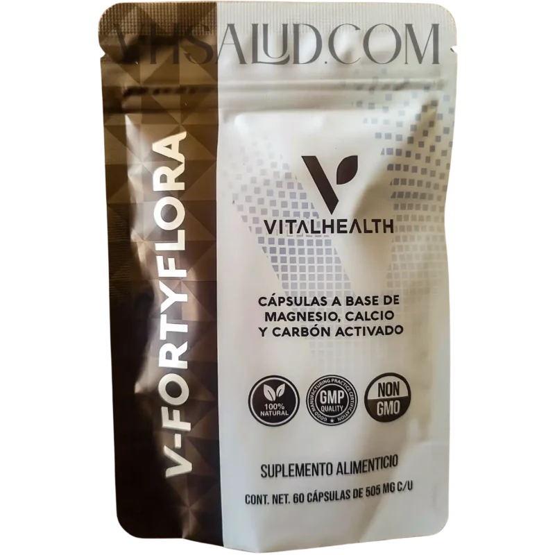 Suplemento V-Fortyflora de VitalHealth con magnesio, calcio y carbón activado para el bienestar digestivo