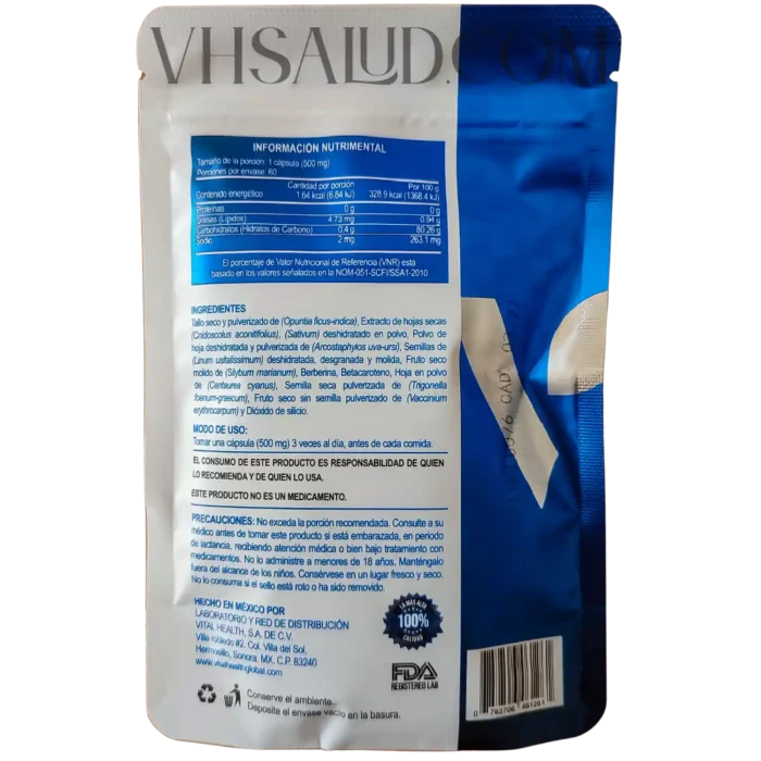 Instrucciones de uso y tabla nutrimental de V-Glucalose VitalHealth con ingredientes naturales como chaya, ajo y nopal