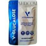 Empaque de V-Glucalose VitalHealth, suplemento con chaya, ajo y nopal para control glucémico