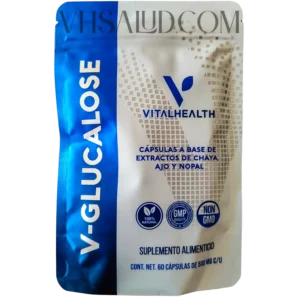 Empaque de V-Glucalose VitalHealth, suplemento con chaya, ajo y nopal para control glucémico