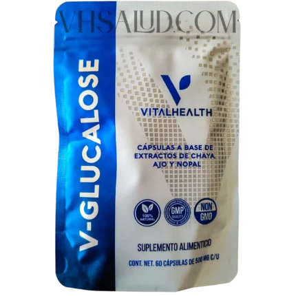 Empaque de V-Glucalose VitalHealth, suplemento con chaya, ajo y nopal para control glucémico