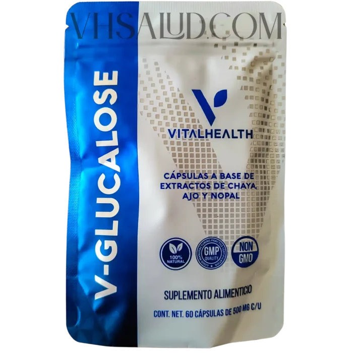Empaque de V-Glucalose VitalHealth, suplemento con chaya, ajo y nopal para control glucémico
