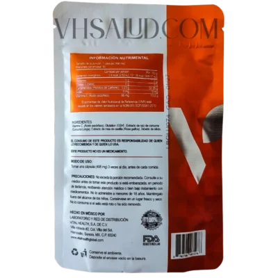 Instrucciones y tabla nutrimental del suplemento V-Glutation