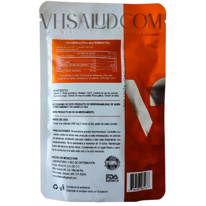 Instrucciones y tabla nutrimental del suplemento V-Glutation
