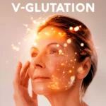 Mujer madura tocando su rostro con efecto de luz, simbolizando regeneración celular gracias a V-Glutation