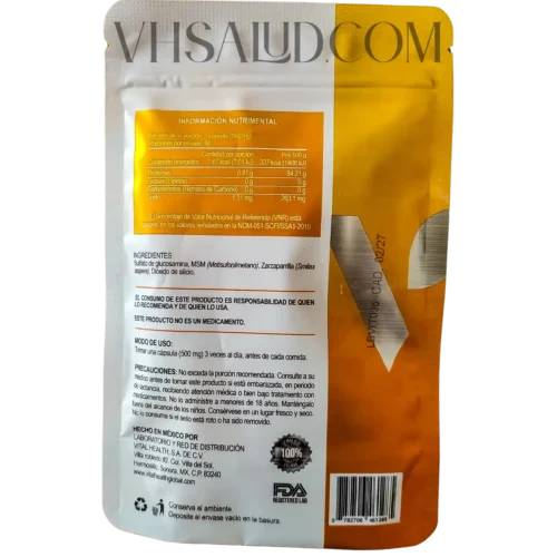 Instrucciones y tabla nutrimental del suplemento V-Itadol VitalHealth