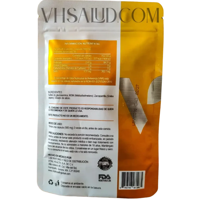 Instrucciones y tabla nutrimental del suplemento V-Itadol VitalHealth
