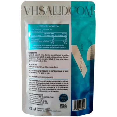 Etiqueta trasera del suplemento V-Italay de Vital Health con información nutrimental, ingredientes y modo de uso