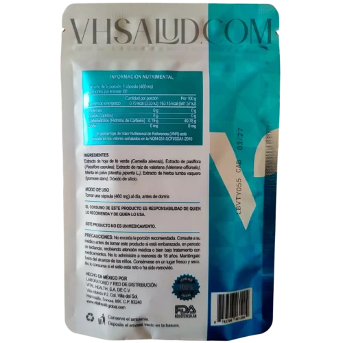 Etiqueta trasera del suplemento V-Italay de Vital Health con información nutrimental, ingredientes y modo de uso