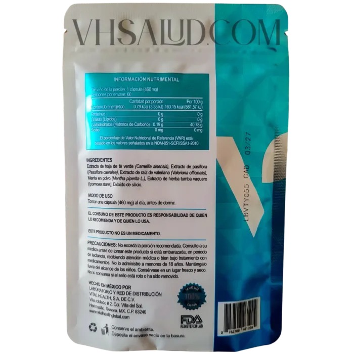 Etiqueta trasera del suplemento V-Italay de Vital Health con información nutrimental, ingredientes y modo de uso