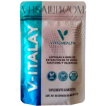 Frente del empaque del suplemento V-Italay de Vital Health con extractos de té verde, pasiflora y valeriana