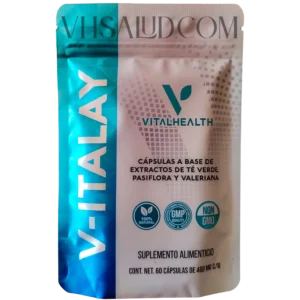 Frente del empaque del suplemento V-Italay de Vital Health con extractos de té verde, pasiflora y valeriana