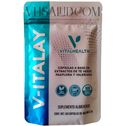 Frente del empaque del suplemento V-Italay de Vital Health con extractos de té verde, pasiflora y valeriana