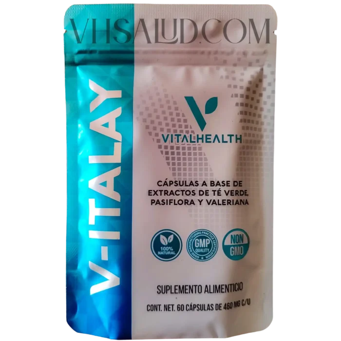 Frente del empaque del suplemento V-Italay de Vital Health con extractos de té verde, pasiflora y valeriana
