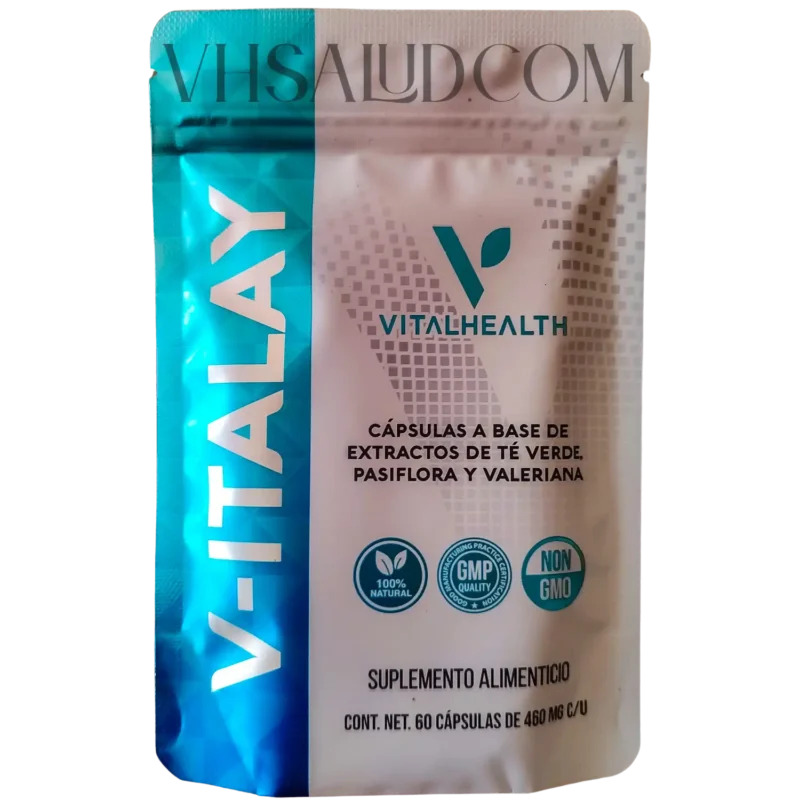 Frente del empaque del suplemento V-Italay de Vital Health con extractos de té verde, pasiflora y valeriana