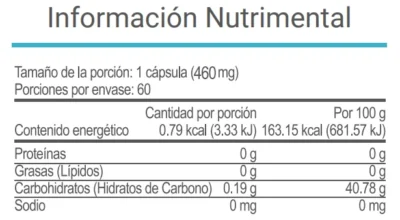 Tabla nutrimental del suplemento V-Italay de Vital Health, con datos por porción y por 100 g