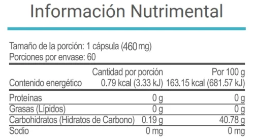 Tabla nutrimental del suplemento V-Italay de Vital Health, con datos por porción y por 100 g