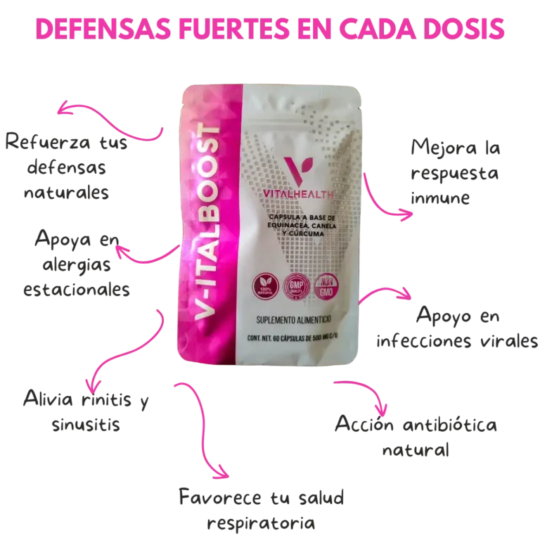 Beneficios de V-Italboost VitalHealth: refuerza defensas, mejora respuesta inmune y apoya en alergias e infecciones.