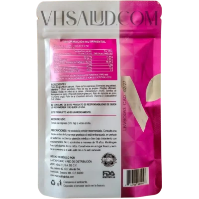Etiqueta trasera de V-Italboost VitalHealth con ingredientes, modo de uso y tabla nutrimental.