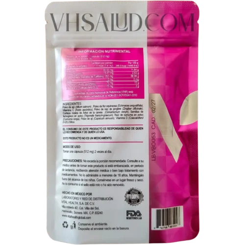 Etiqueta trasera de V-Italboost VitalHealth con ingredientes, modo de uso y tabla nutrimental.