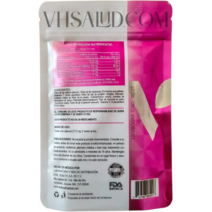 Etiqueta trasera de V-Italboost VitalHealth con ingredientes, modo de uso y tabla nutrimental.