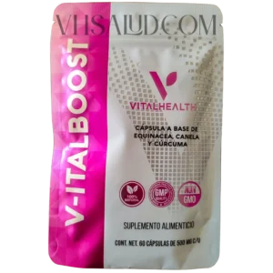 Empaque del suplemento V-Italboost de VitalHealth con equinácea, canela y cúrcuma.