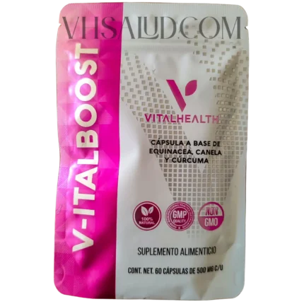 Empaque del suplemento V-Italboost de VitalHealth con equinácea, canela y cúrcuma.