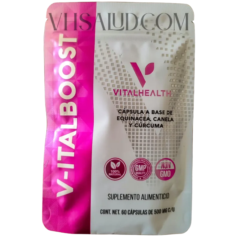Empaque del suplemento V-Italboost de VitalHealth con equinácea, canela y cúrcuma.