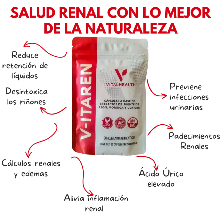 Beneficios del suplemento V-Itaren de VitalHealth para la salud renal, desintoxicación y reducción de líquidos.