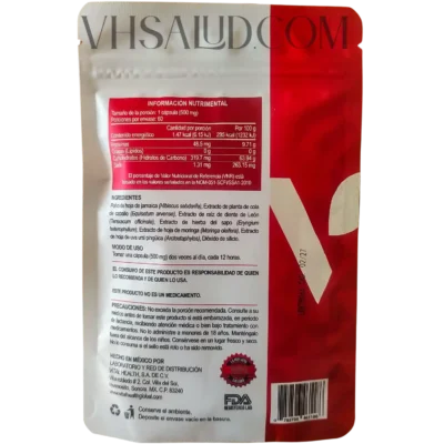 Parte trasera del empaque del suplemento V-Itaren de VitalHealth con tabla nutrimental, ingredientes y modo de uso